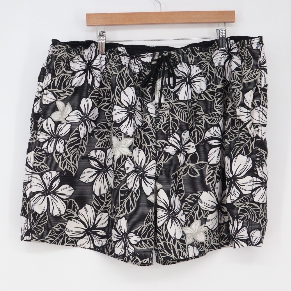 Islander Swim Trunks Mens XXL Floral Hibiscus Black White Mesh Lined Excellent
